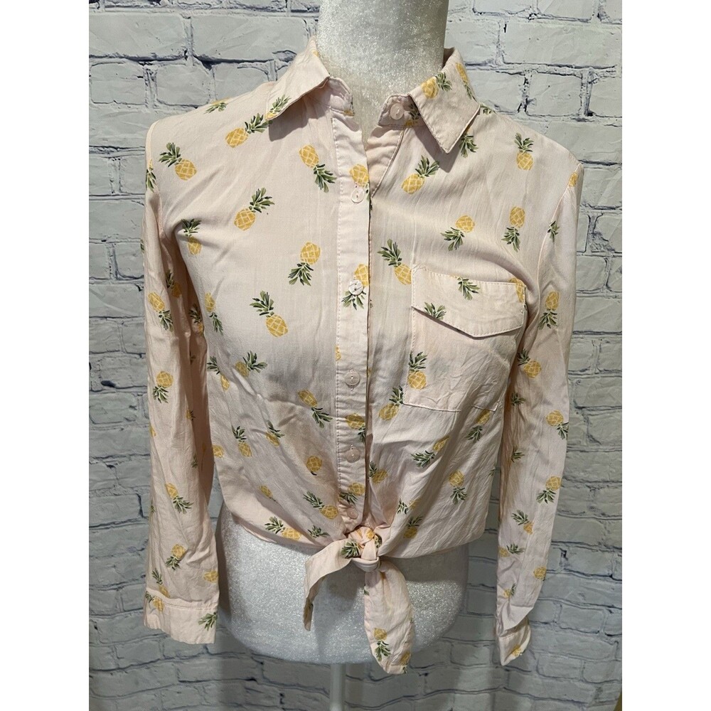 Love Notes Women Pink Long Sleeve Blouse Pineapple Tie Front Small